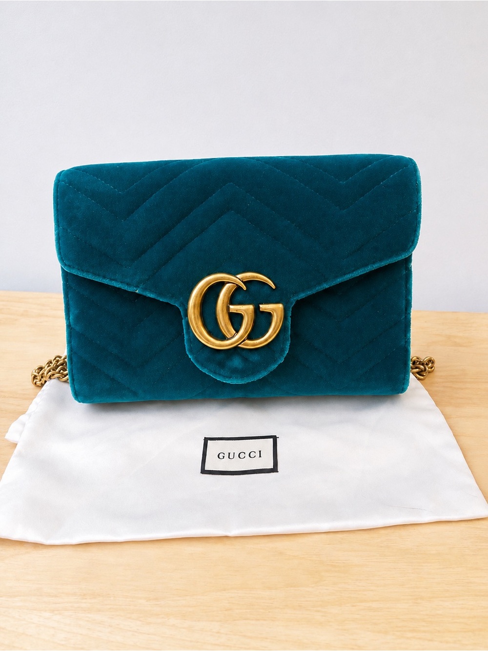 Gucci GG Marmont Teal Velvet Chain Crossbody Bag